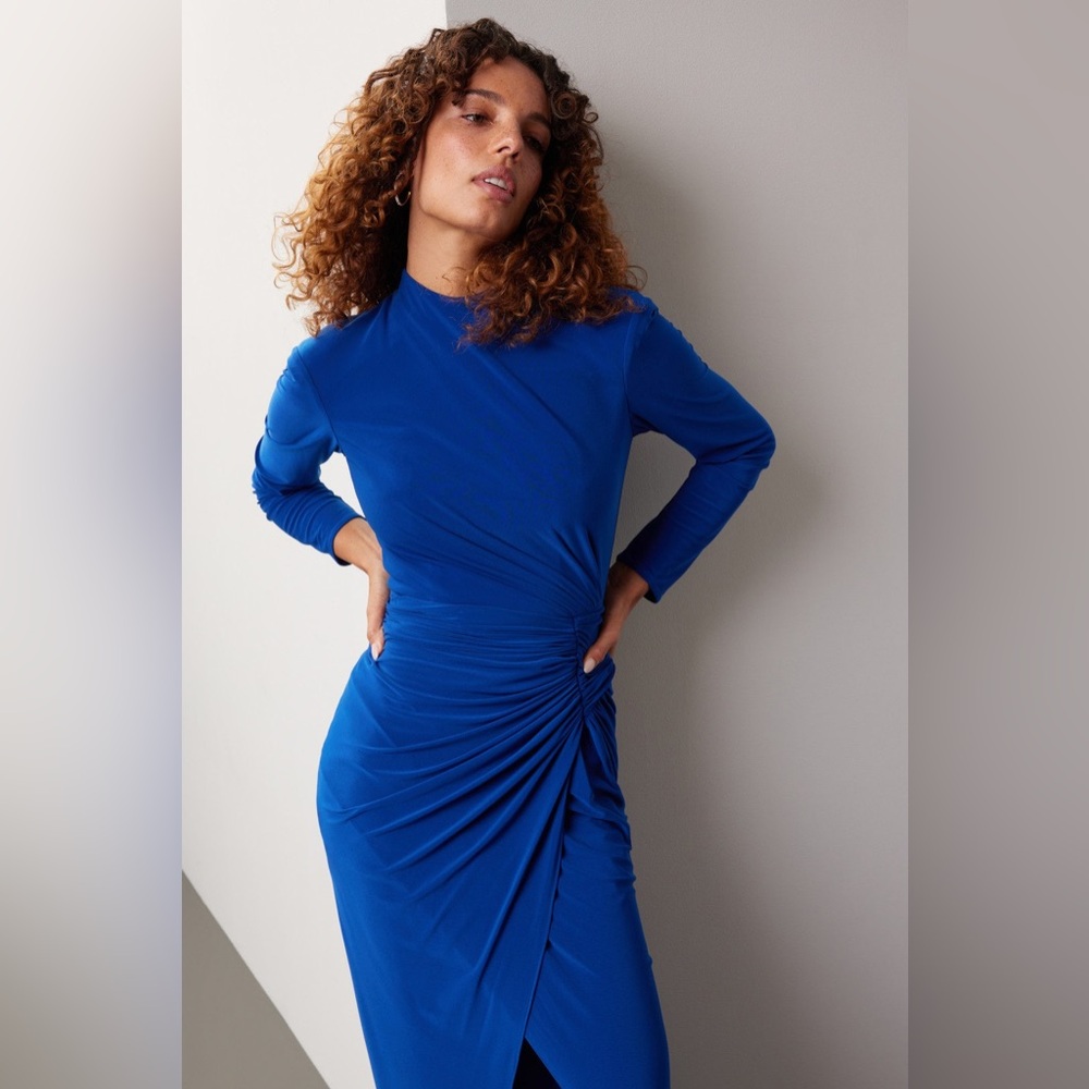 Renee Ruiz Slinky Blue Long Sleeve Ruched Maxi Dress Size 4 - Picture 3 of 8